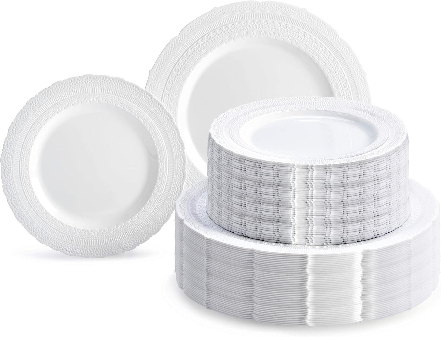 " OCCASIONS " 240 Plates Pack,(120 Guests) Extra Heavyweight Vintage Wedding Disposable/Reusable Plastic Plates 120x11'' Dinner + 120x8.25'' Salad/Dessert Plate (Chateau White)