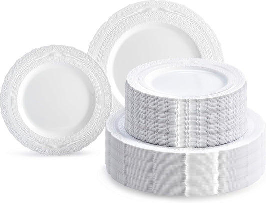 " OCCASIONS " 240 Plates Pack,(120 Guests) Extra Heavyweight Vintage Wedding Disposable/Reusable Plastic Plates 120x11'' Dinner + 120x8.25'' Salad/Dessert Plate (Chateau White)