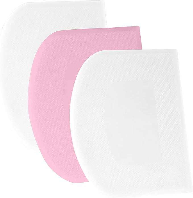 SURDOCA Dough Scraper Bench Scraper - 3P 8.3x5.5 Plastic Flexible Bowl Scraper, Sharp Edge & Angles Cake Scraper. Non-Slip Bakeware Decorating Tools Sculpting & Modeling Tools - White+Pink+White