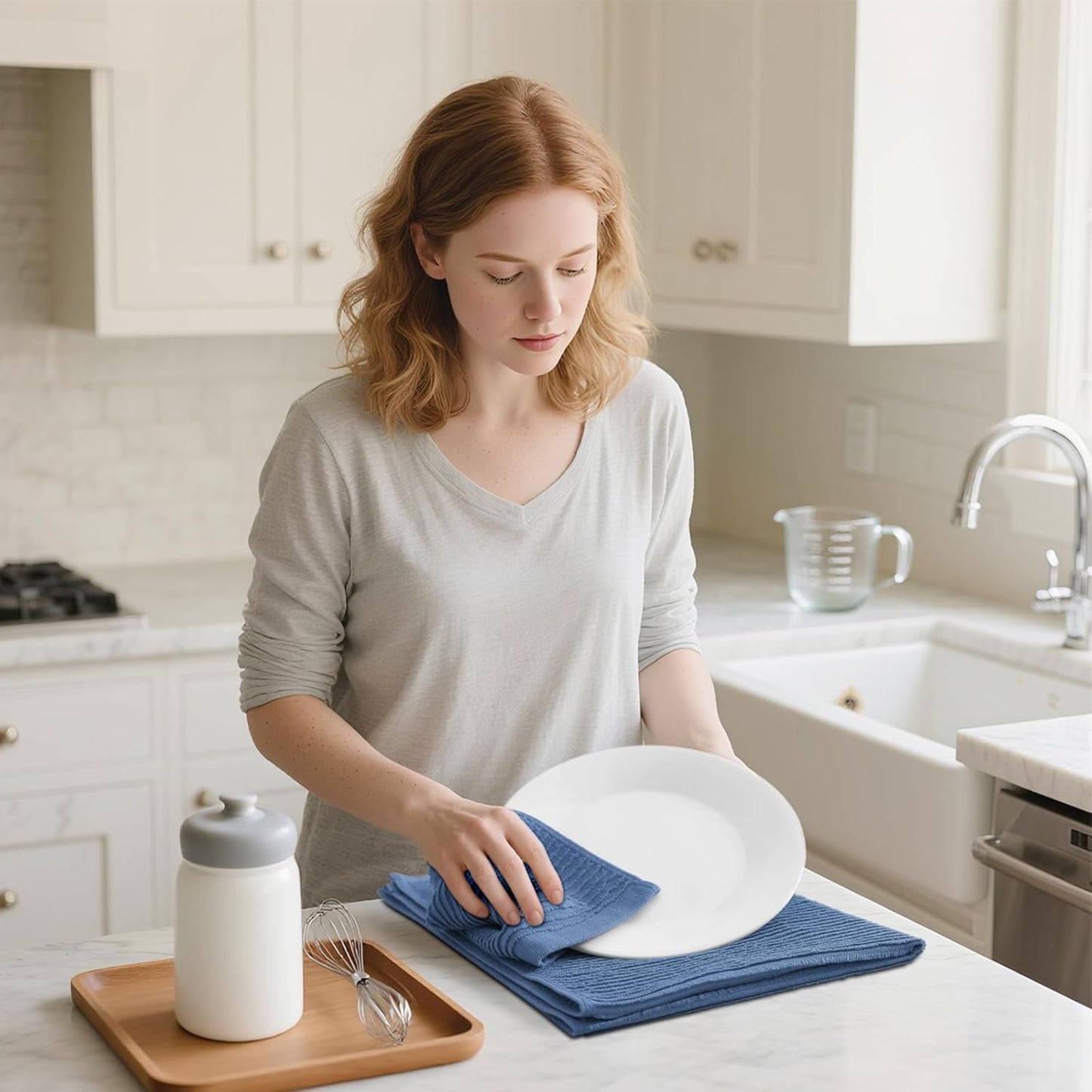 Homaxy Premium Kitchen Towels (18"x 28", 12 Pack), Large 100% Cotton Kitchen Hand Towels, Ultra Absorbent Ribbed Terry Tea Towels Set with Hanging Loop, Navy Blue