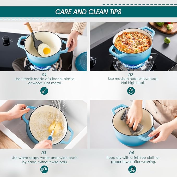 vancasso Enameled Cast Iron Dutch Oven, 2.5 QT Blue Naturally Non-Stick Casserole Dish Cookware, with Stainless Steel Knob Lid Cast Iron Casserole for Steam Braise Bake Broil Saute Simmer Roast