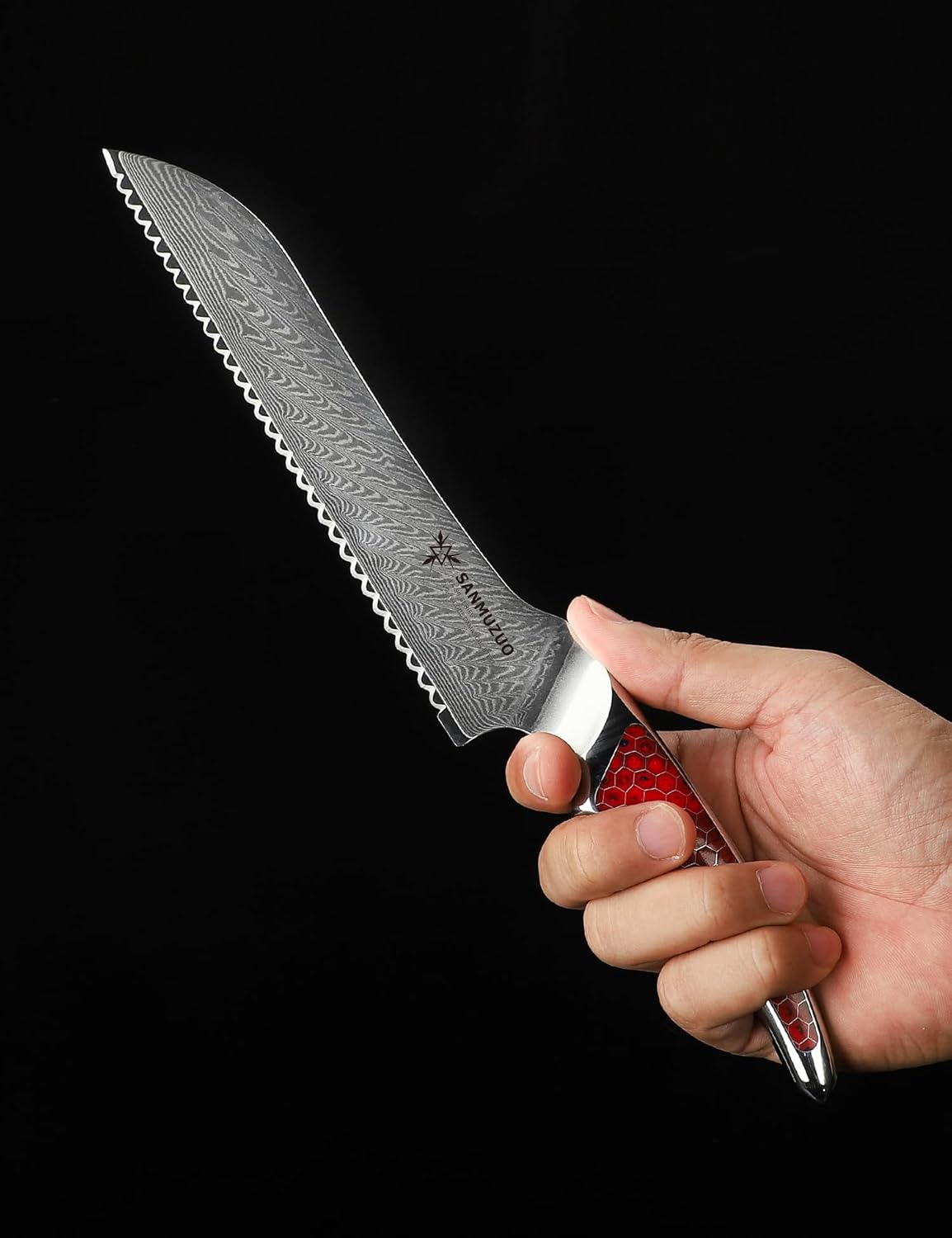 8 inch Serrated Bread Knife, Japanese VG-10 Damascus Steel Kitchen Knife, Ultra Sharp Bread Cutting Knife with Full-tang Handle in Red Resin, LA-S9 Series