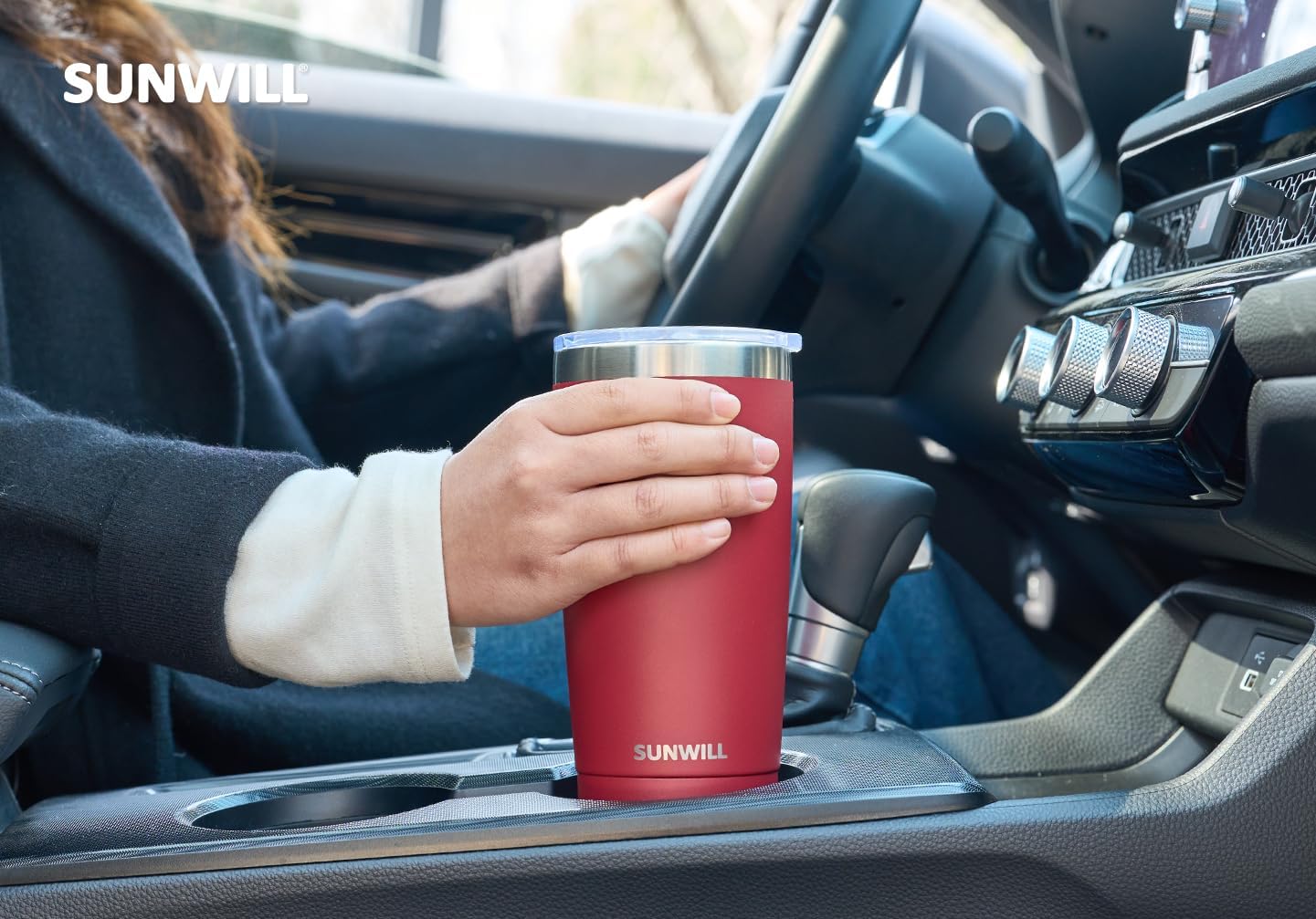 SUNWILL Travel Coffee Tumbler 20 oz, Insulated Mug with Lid, Stainless Steel Cup for Hot and Cold Drinks, Powder Coated Wine Red