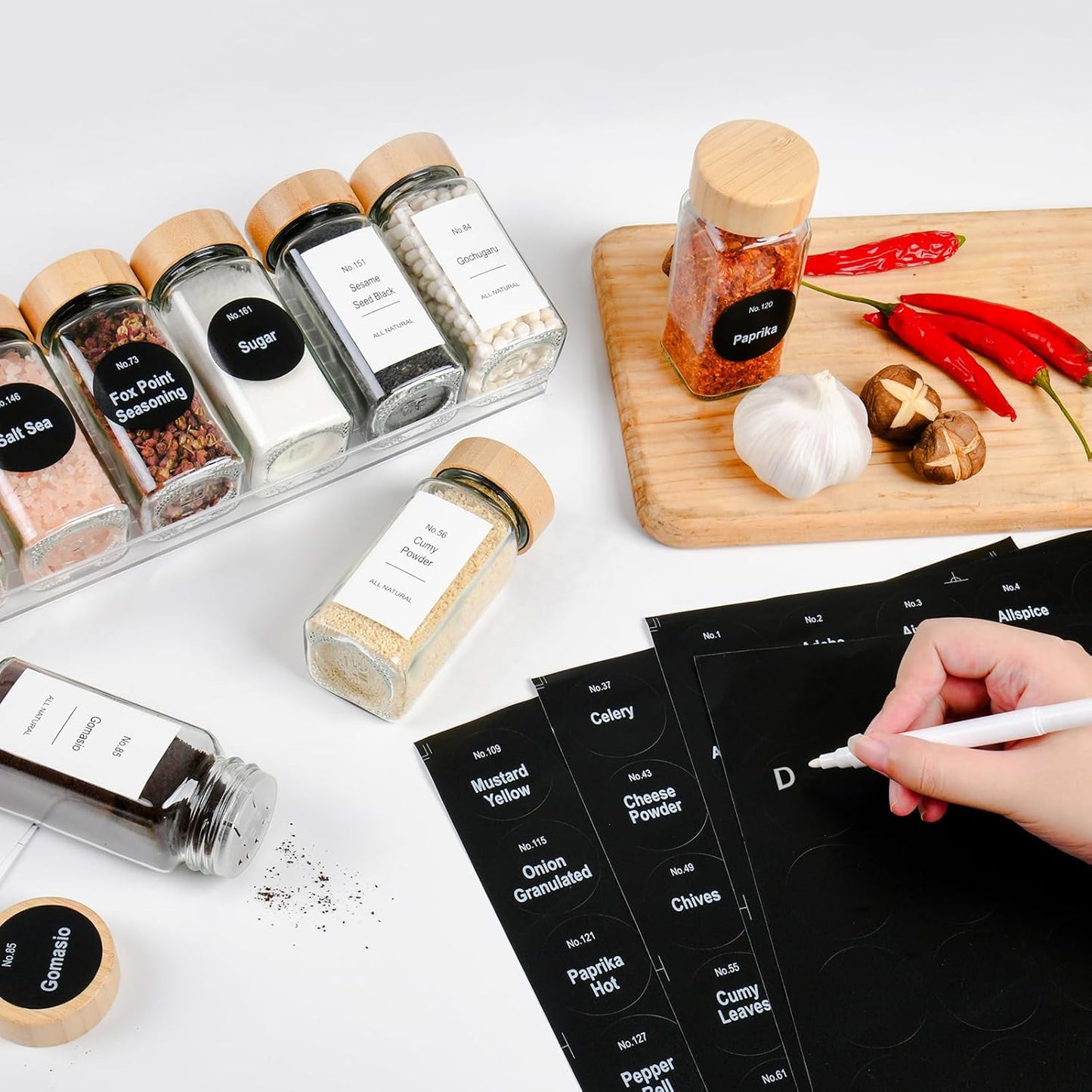 24 Pcs Glass Spice Jars Bamboo Lids with Spice Drawer Organizer Set, 4 Tier-8 Pack Acrylic Expandable Spice Rack , 396 Spice Labels, Seasoning Containers Organization for Kitchen Cabinet Countertop