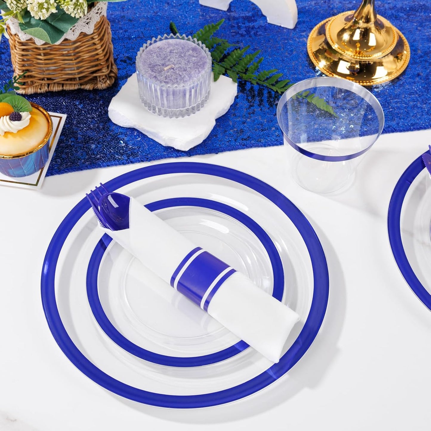 Liacere 350PCS Blue Plastic Plates - Clear with Blue Trim for 50Guests Dinnerware Include 100 Clear Plates disposable 150 Silverware 50Napkins for Wedding＆Back to School＆Labor Day