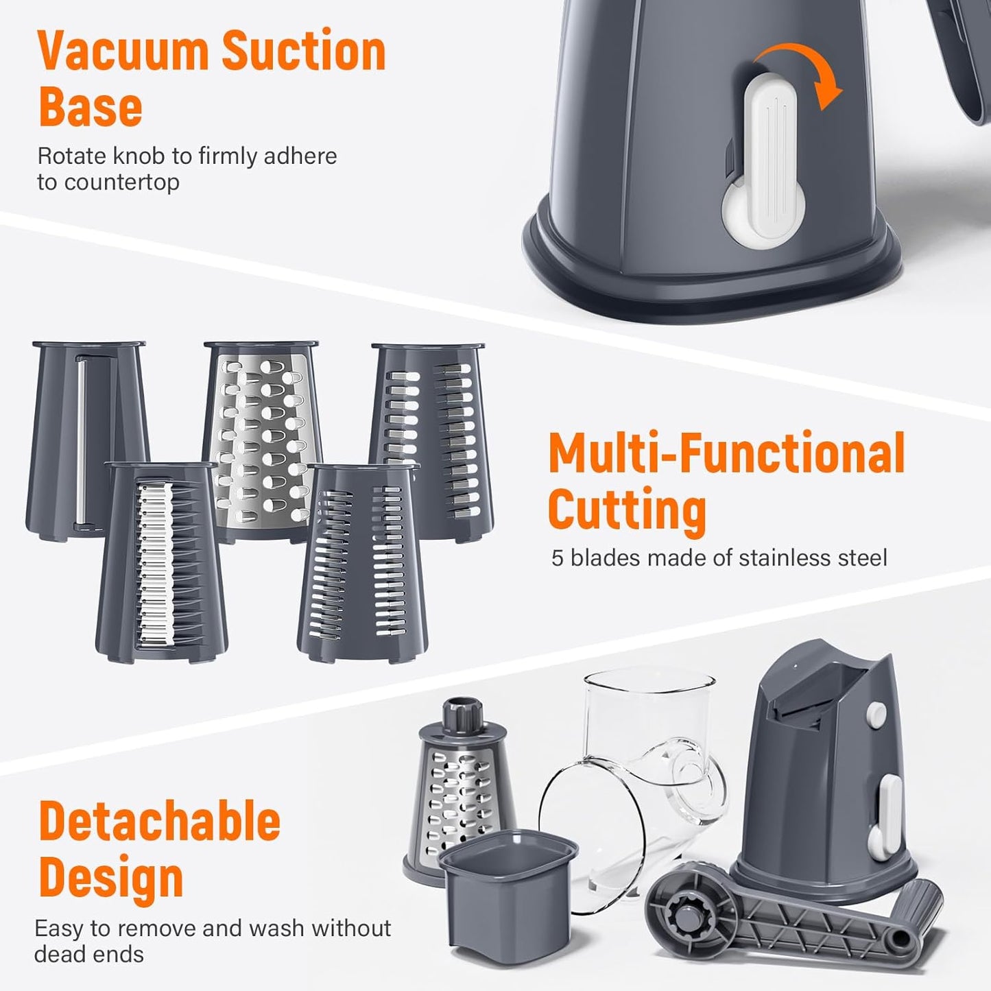 Rotary Cheese Grater Hand Crank with 5 Interchangeable Blades, Vegetable Slicer Chopper for Fruit Vegetable Nuts, Mandoline Slicer for Kitchen with Blades Rack & Suction Base, Grey