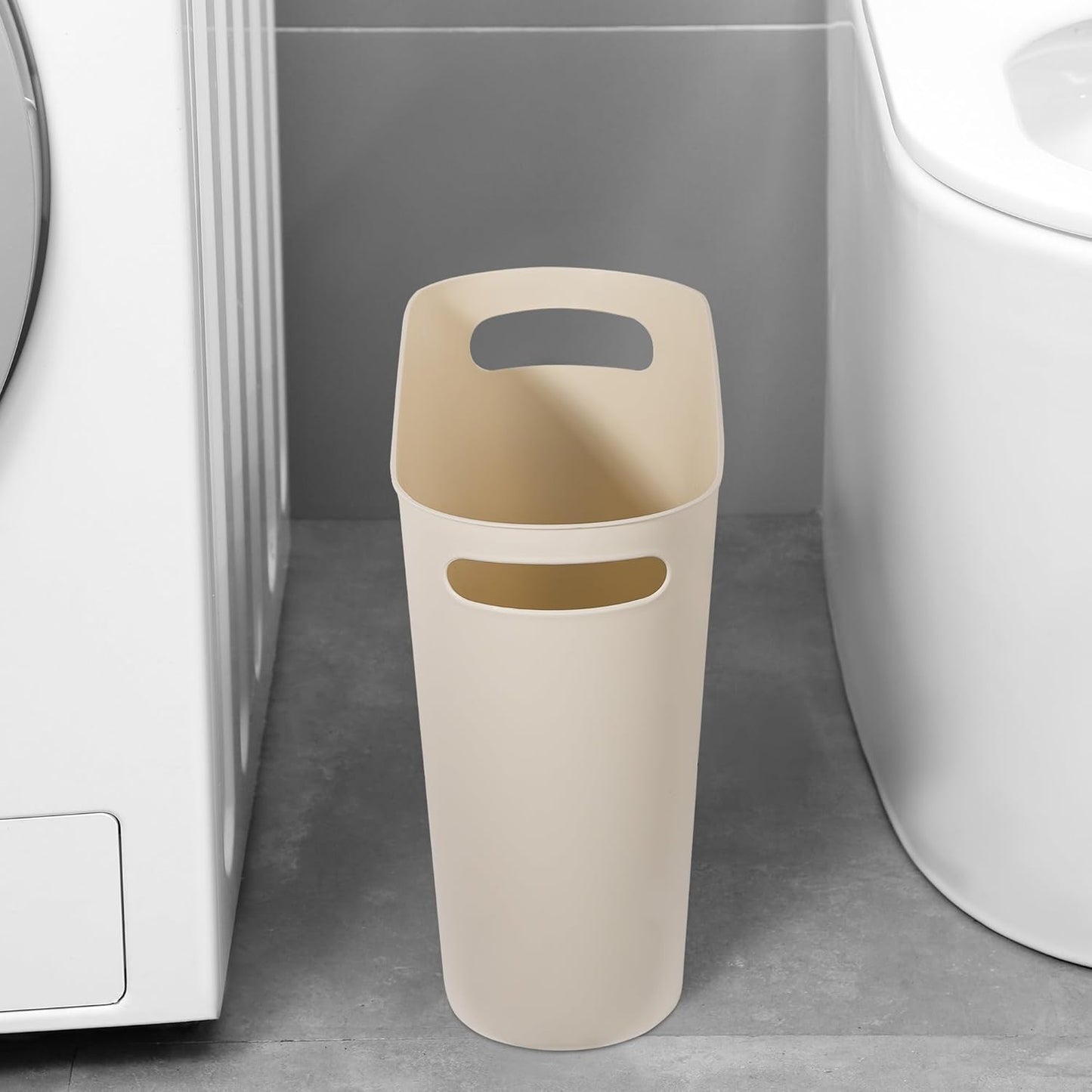 rejomiik Small Trash Can, 3.5 Gallon Slim Garbage Can Plastic Waste Basket with Handles Container Bin for Narrow Spaces Bathroom, Bedroom, Kitchen, Office at Home, 2 Pack Cream