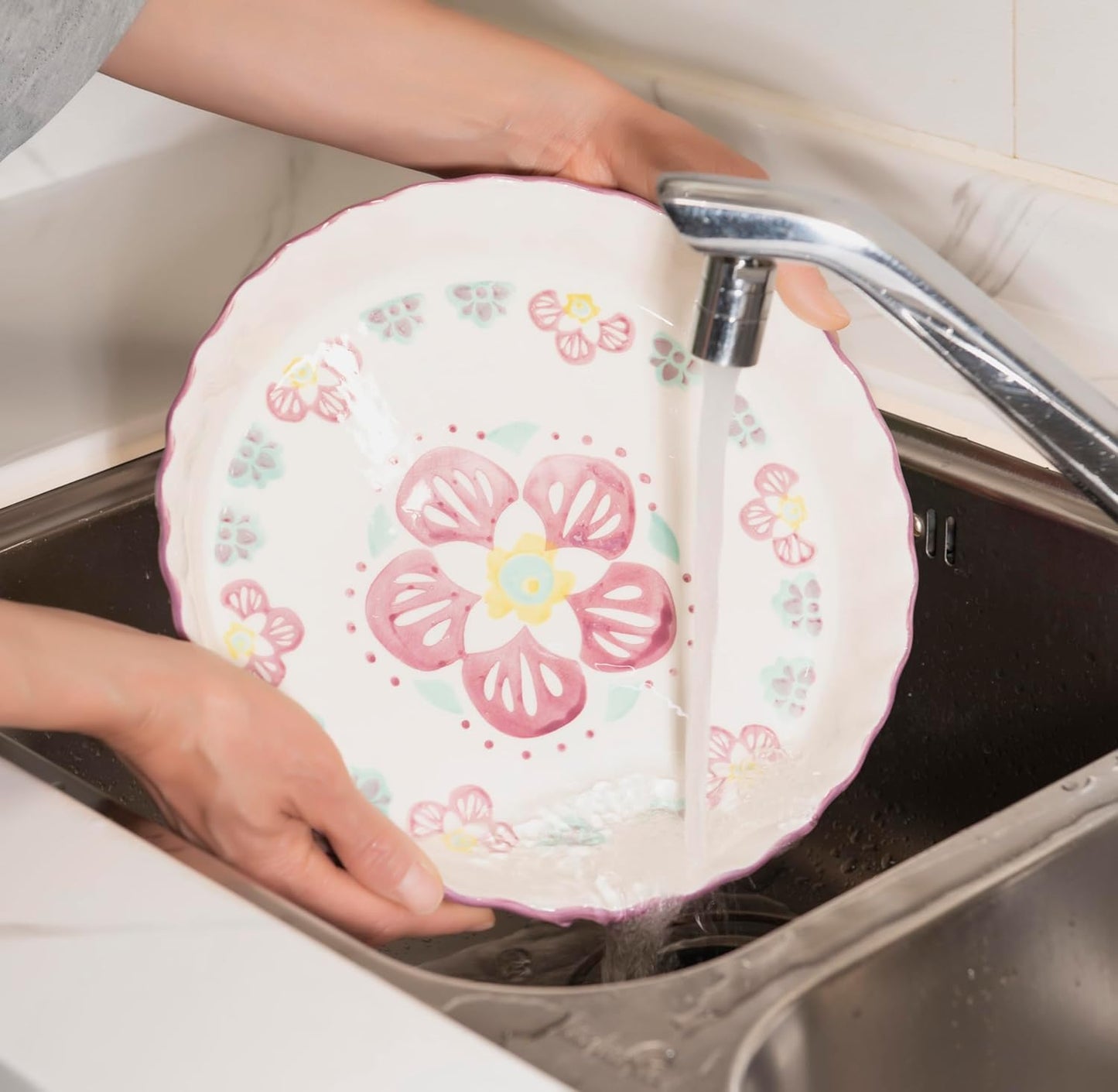 Ceramic Pie Pan Pie Dish for Oven 10 Inch Pie Plate Round Bakeware (Flower)