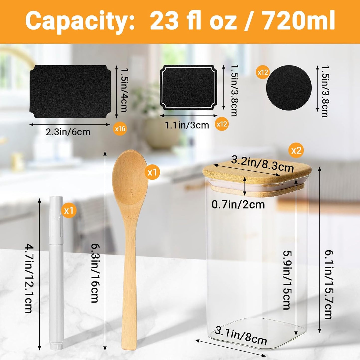Glass Food Storage Jars, 23 Fl.oz Glass Canisters with Airtight Bamboo Lids Set of 2, Square Sugar Jars Kitchen Containers for Coffee, Tea, Flour, Candy - Included Labels, Marker and Spoon