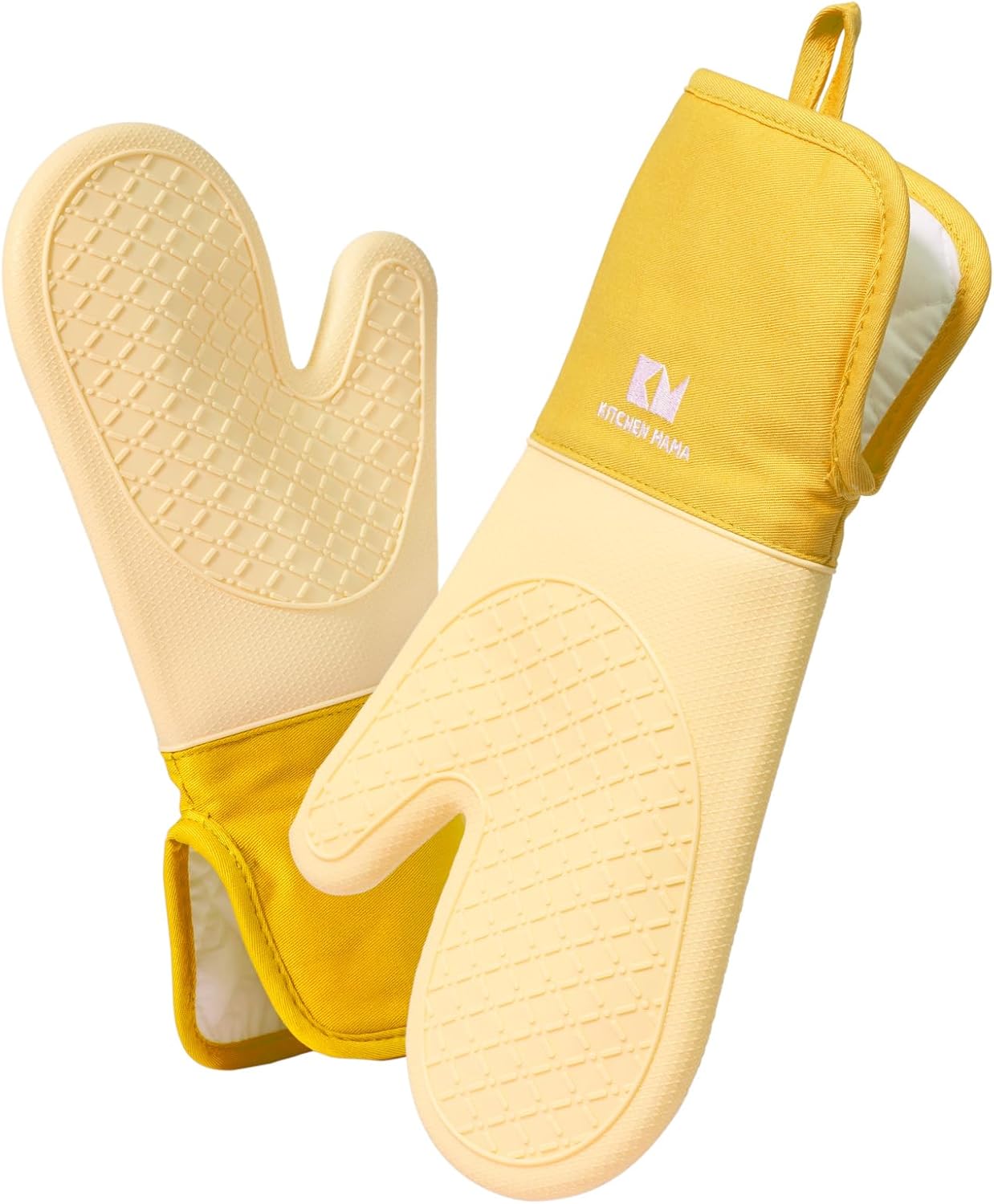 Kitchen Mama UltraShield Silicone Oven Mitts – Heat Resistant, Non-Slip Surface, Durable, Safe, Pot Holders, Flexible Waterproof Glove Set, Perfect for Cooking, Baking, Grilling, BBQ (Yellow)