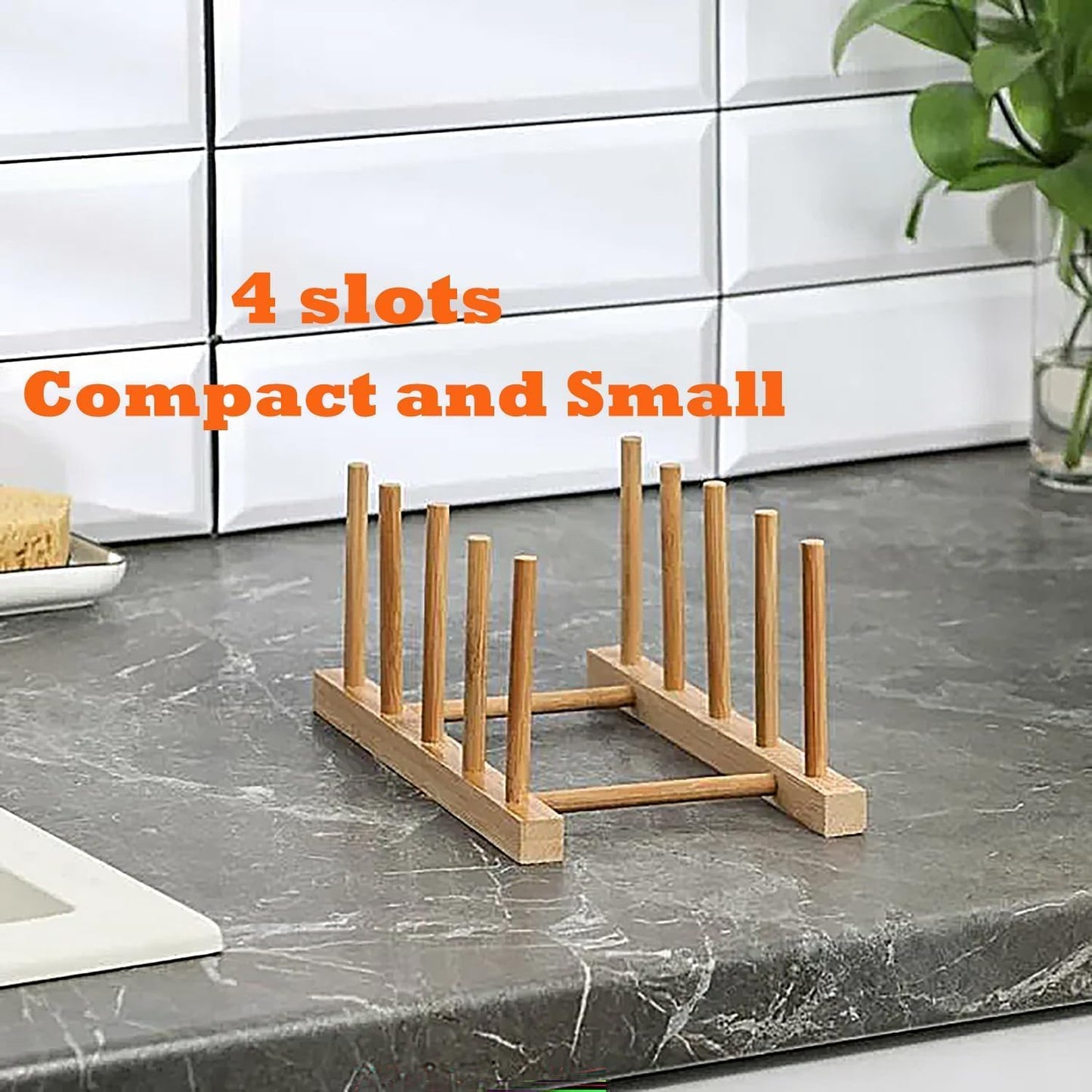 4 Pcs Bamboo Wooden Dish Rack, Plate Organizer for Cabinet Space Saver and Kitchen Counter, Bowl/Cup/Pot Lid/Cutting Board Drying Holder (4 Slots)