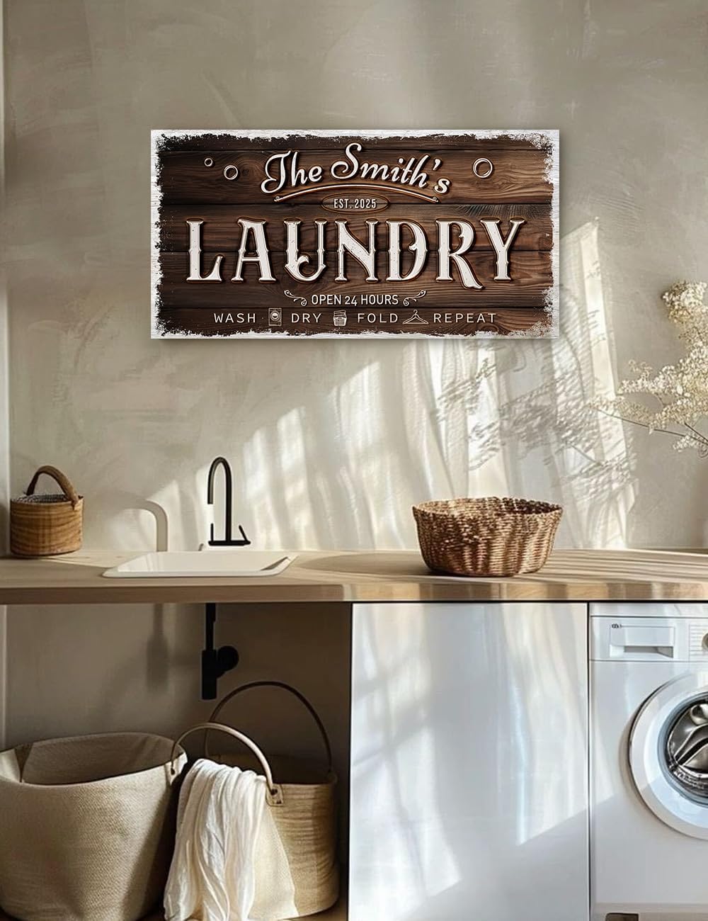 IPIC - Personalized Laundry Room Sign, Custom Canvas Wall Art with Family Name, Rustic Home Decor Printed Acid-Free Cotton Canvas for Business and Home, Made in USA and Ready to hang for Laundry Decor