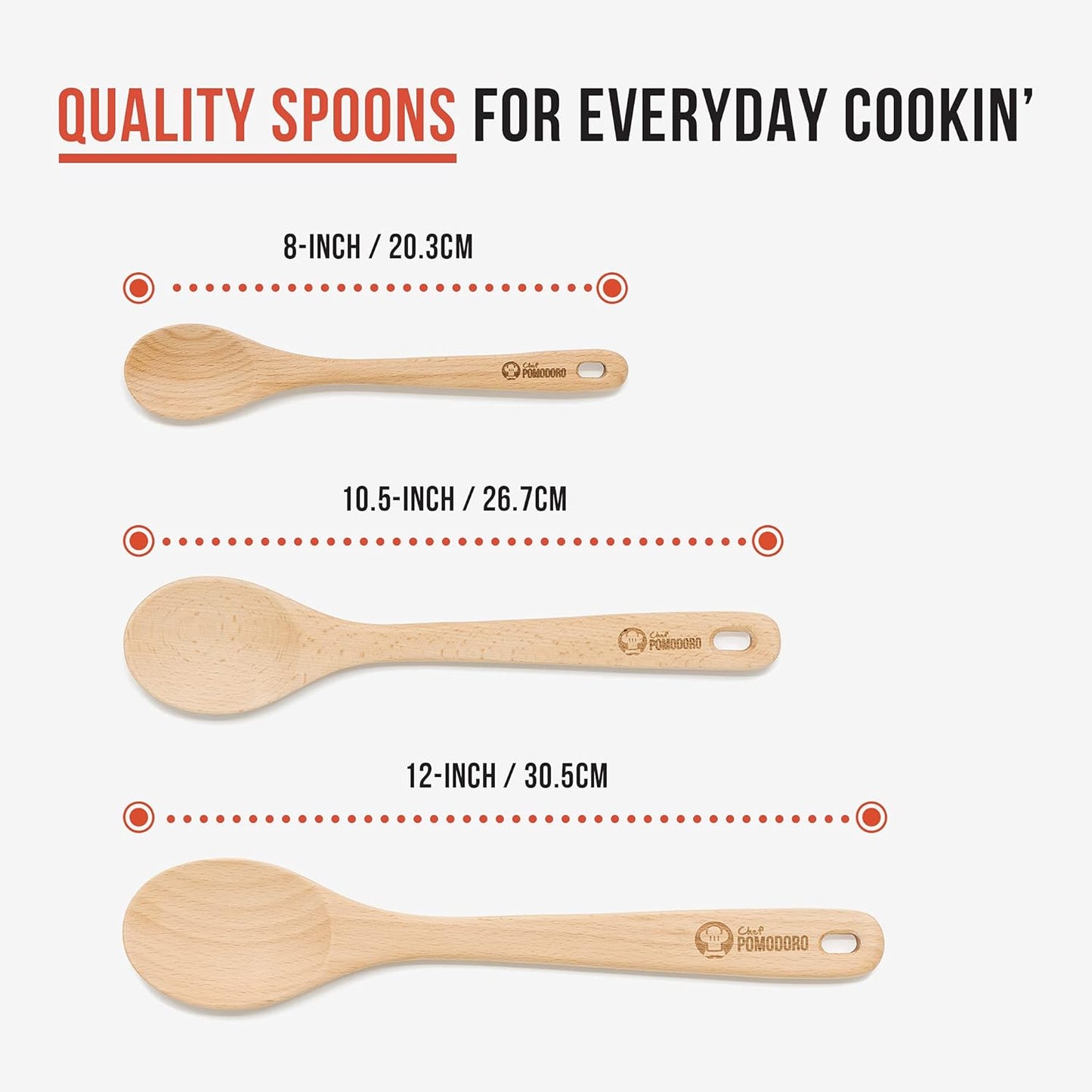 Chef Pomodoro Wooden Spoons for Cooking 3-Piece Set, Solid Beechwood Cooking Utensils | 12-Inch, 10.5-Inch, 8-Inch Wooden Utensils Set, Beechwood Kitchen Utensils, Soup Spoons for Nonstick Cookwares