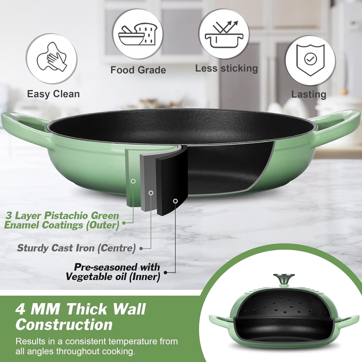 P&P CHEF Bread Dutch Oven for Sourdough, 5.5 Quart Enameled Cast Iron Dutch Oven Pot with Lid for Homemade Bread Baking, Easy to Clean & Even Heat, Pistachio Green