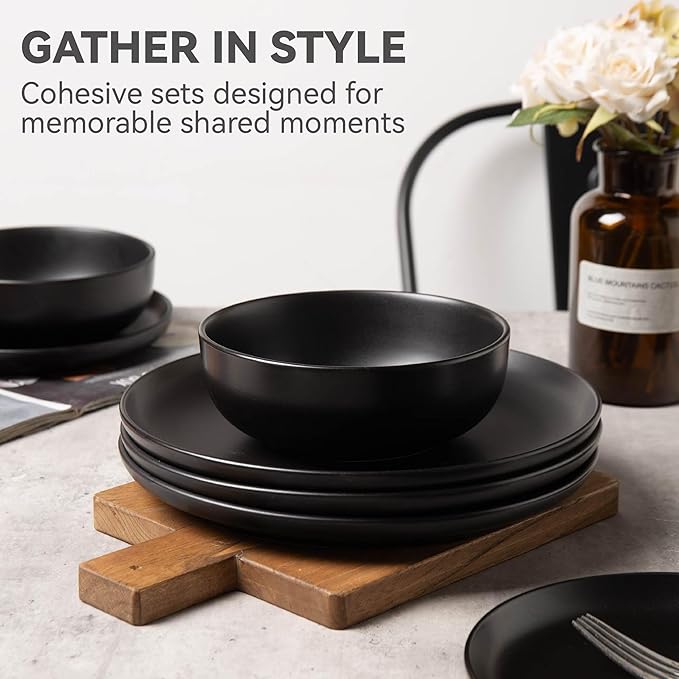 12-Piece Matte Black Dinnerware Set,Stoneware Dinnerware for 4, Microwave & Dishwasher Safe, Stackable Design for Kitchen and Dining - Plates and Bowls