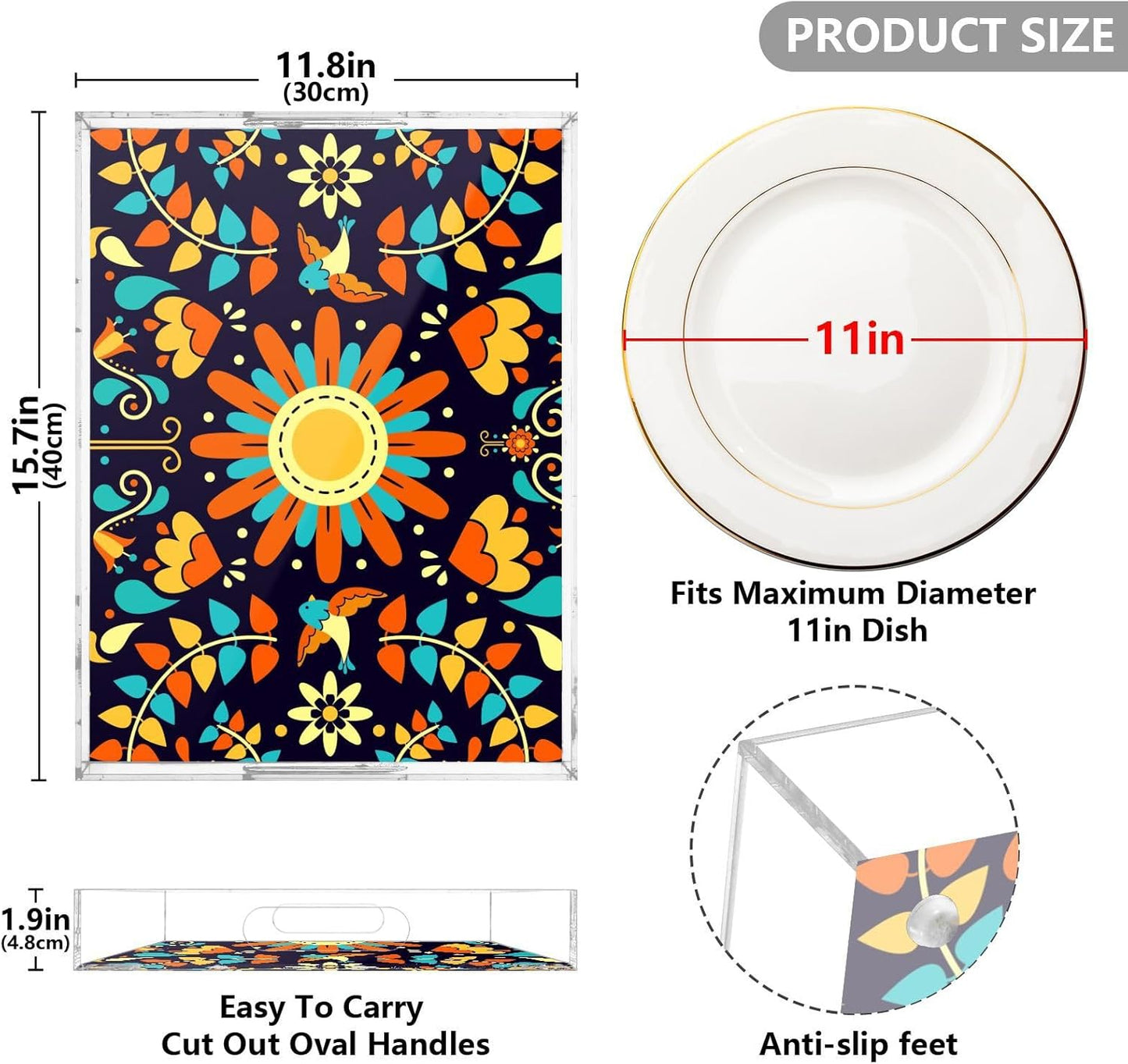 Acrylic Serving Tray with Handles Spill Proof Kitchen Storage Tray Clear Decorative Tray Makeup Drawer Organizer Storage Tray for Bathroom Living Room Ottoman 15.7x11.8Inches