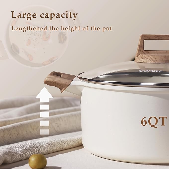 CAROTE 6 Qt Nonstick Stock Pot with Lid Soup Pot, 6 Quart Casserole with Lid, Easy to Clean Non Stick Cooking Pot Cookware PFOA Free, White Granite