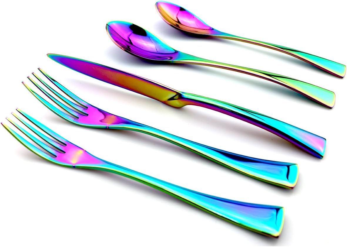 JASHII Luxury Unique Flatware Set 20-Piece | Iridescent Silverware Sets | 18/10 Stainless Steel Dinnerware Set | Utensils For 4 | Rainbow Tableware,Dinner Knife Fork w/DINNER DESSERT Spoon
