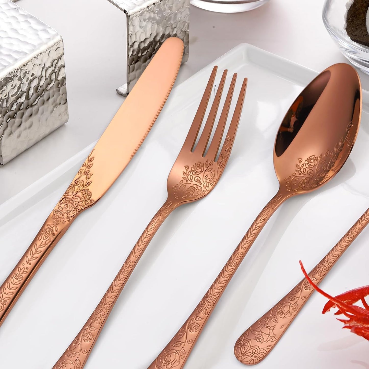 Vintage Flatware Copper/Rose Gold Floral Silverware 30 Piece Stainless Steel Set for 6 Cutlery Utensils Unique Embossed Pattern Design Elegant Home Kitchen Restaurant Festival Parties…