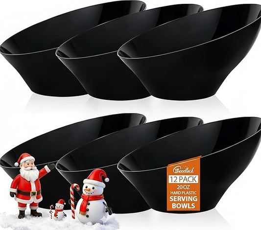 Goodluck 12 Pack Black Plastic Serving Bowls for Party - 20 OZ Angled Disposable Serving Bowls for Wedding Party Chip, Candy, Salad & Fruit