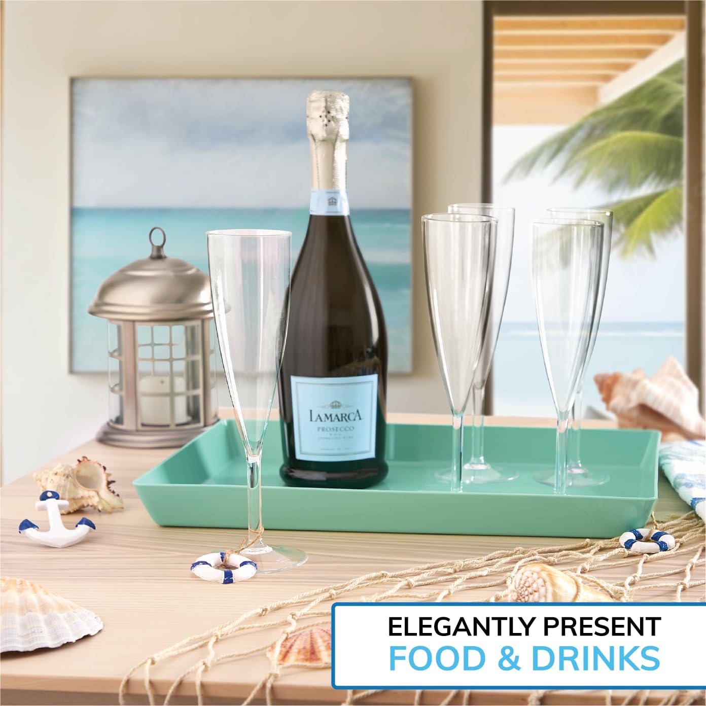 US Acrylic Coastal Plastic Serving Trays (Set of 4) 15” x 10” | Large Unbreakable Reusable Rectangular Party Platters | Serve Appetizers, Fruit, Veggies, & Desserts | BPA-Free & Made in USA