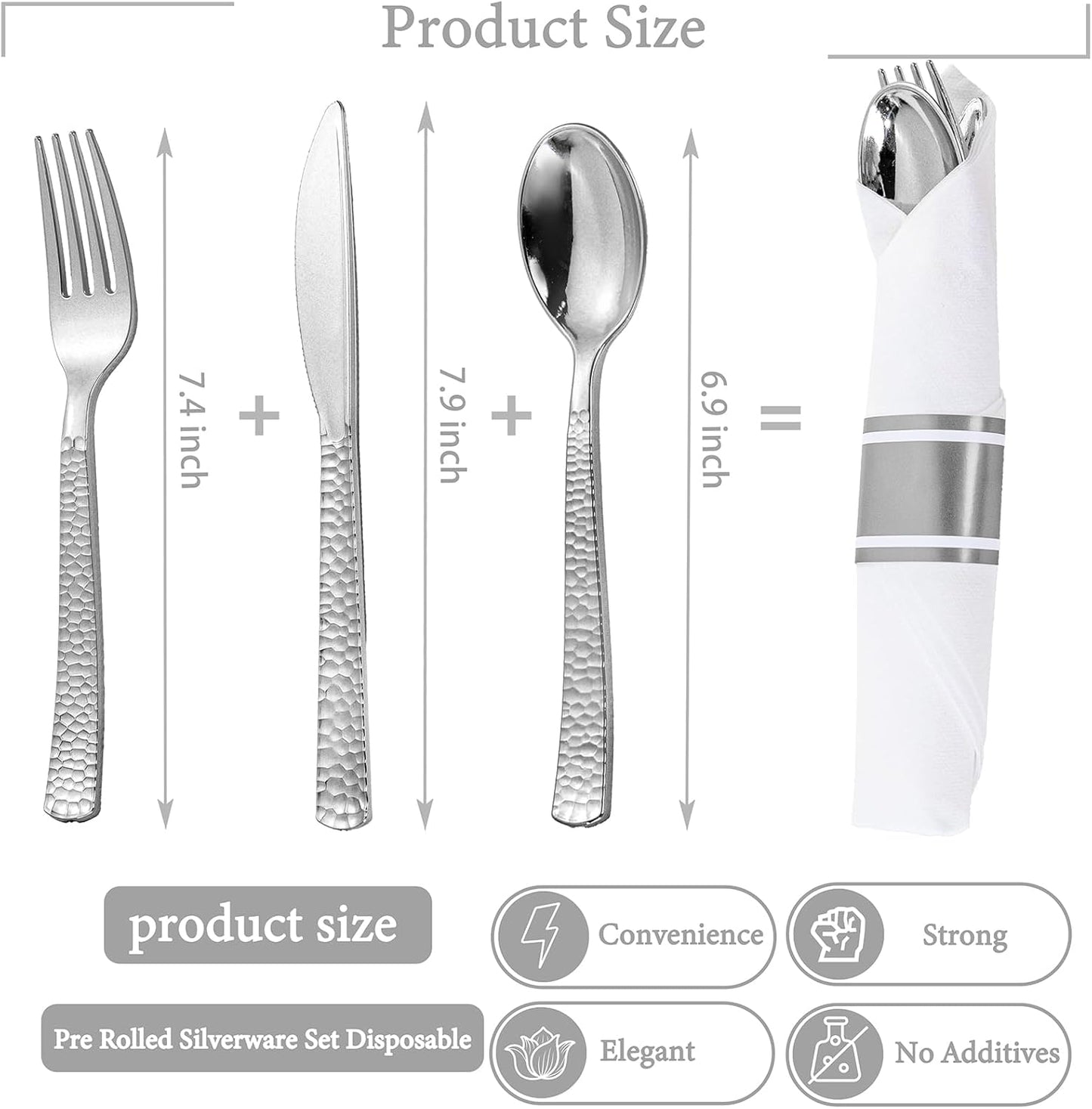 WELLIFE 400PCS Silver Plastic Silverware, Pre Rolled Silverware Set Disposable,Plastic Cutlery Includes: 100 Forks, 100 Knives, 100 Spoons, 100 Napkins, Cutlery Set Disposable