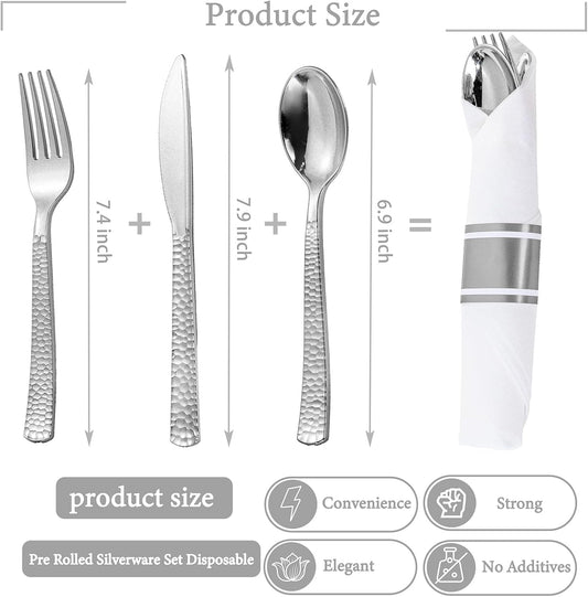 WELLIFE 50 Pack Silver Plastic Silverware with Pre Rolled Napkins,Wrapped Silverware Set Disposable,Includes:50 Forks, 50 Knives, 50 Spoons, 50 Napkins,Utensils Plastic Disposable
