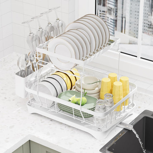 LIYI Dish Drying Rack,Large Dish Rack for Kitchen Counter,2-Tier Dish Racks with draining Tray,Detachable Capacity Dish Drainer Organizer,White