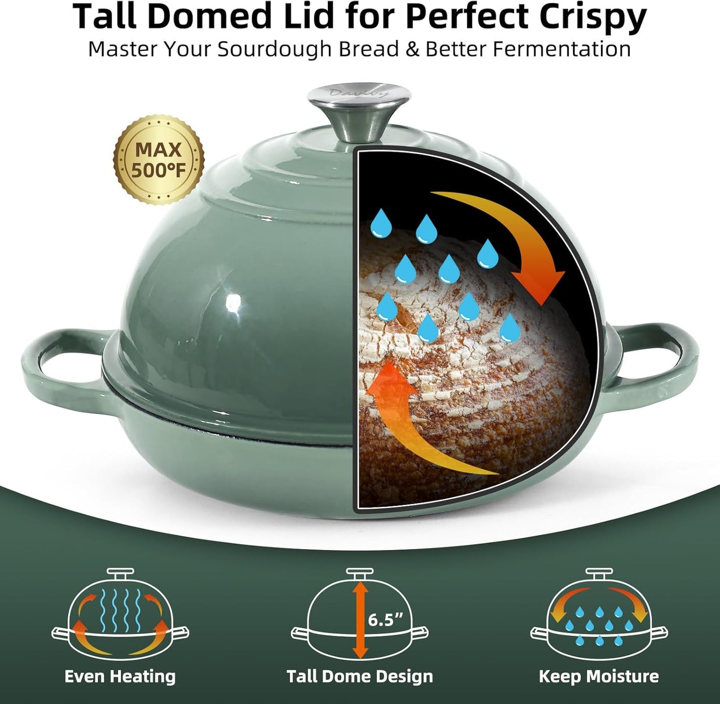 Davivy 5.5QT Cast Iron Sourdough Pan, 10" Round Dutch Oven for Bread, Enameled Cast Iron Dutch Oven for Sourdough Bread, Bread Baking Cloche, with Silicone Baking Mat - Sea Salt Green