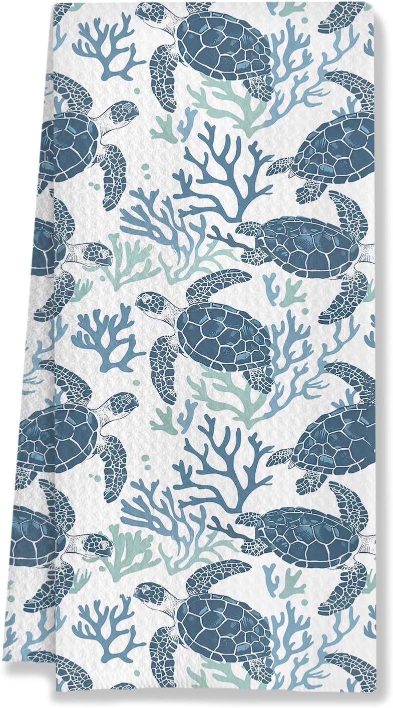 Coral Sea Turtle Coastal Kitchen Towels, Navy Blue Beach Hand Towels for Bathroom, Blue Ocean Animal Beachy Nautical Dish Tea Towels for Kitchen Decor, 16x24 Inches