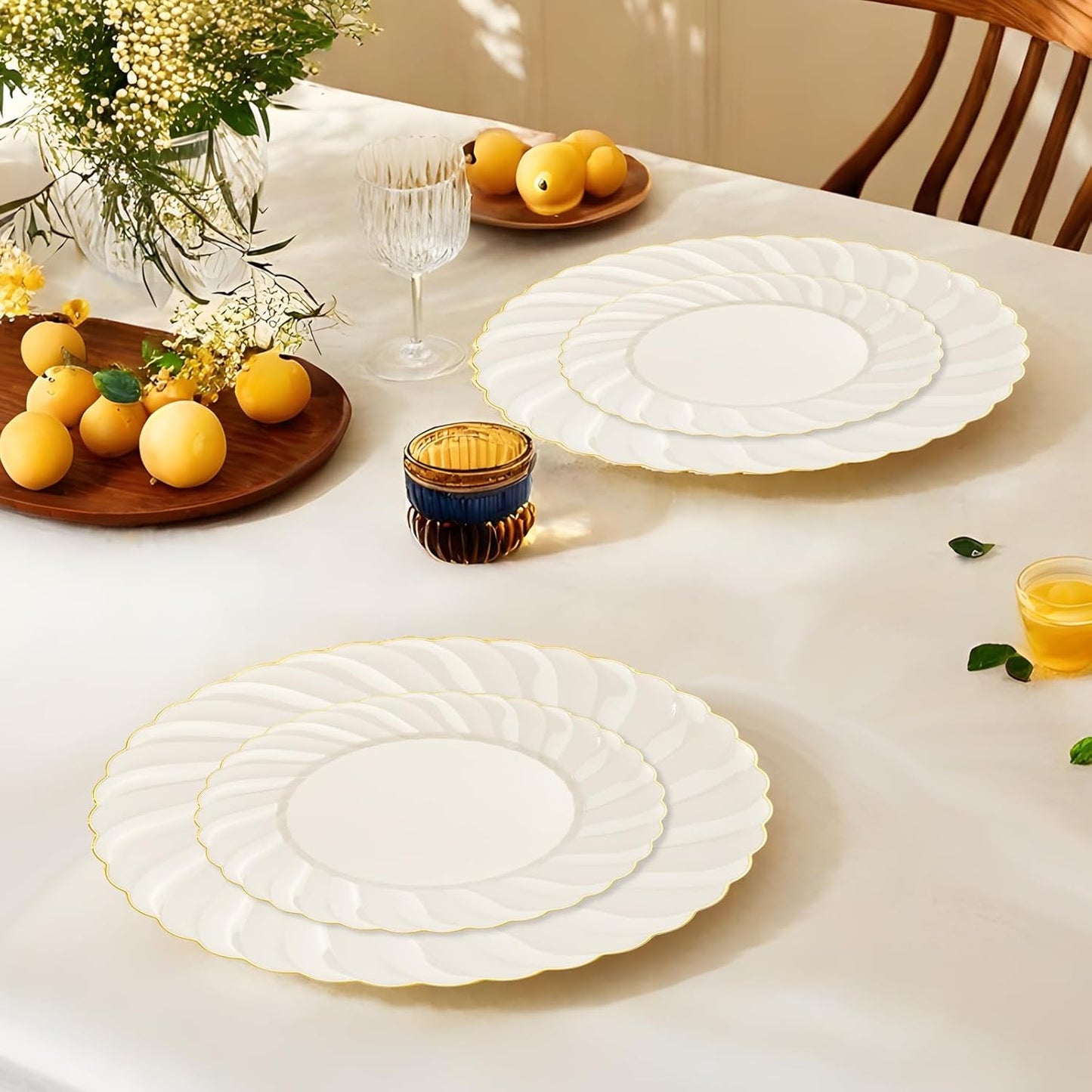 YOUBET 125PCS Scalloped Plastic Plates - Ivory Scalloped Disposable Plates - Gold Plastic Dinnerware Set Include 50 Plates, 75 Gold Silverware for Party & Wedding & Thanksgiving