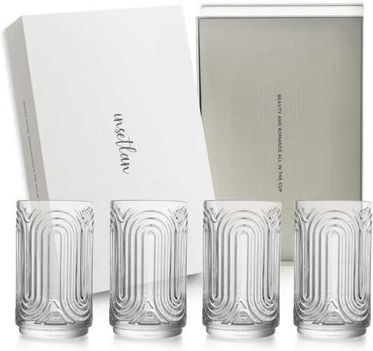 INSETLAN Vintage Art Deco Glassware | Glass Cups Set of 4 | 14 Oz Thick Bottom Cocktail Glasses, Highball Glass Fabulous Box, Embossed Ripple Glassware, for Water, Wine, Juice, Mixed Drinkware