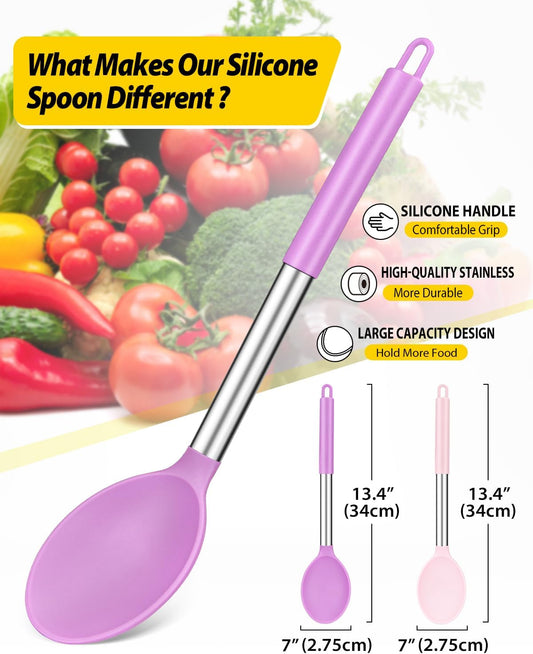 Pack of 2 Large Silicone Cooking Spoon Non Stick Solid Basting Spoons Heat-Resistant Kitchen Utensils for Mixing Serving (Pink-Purple)