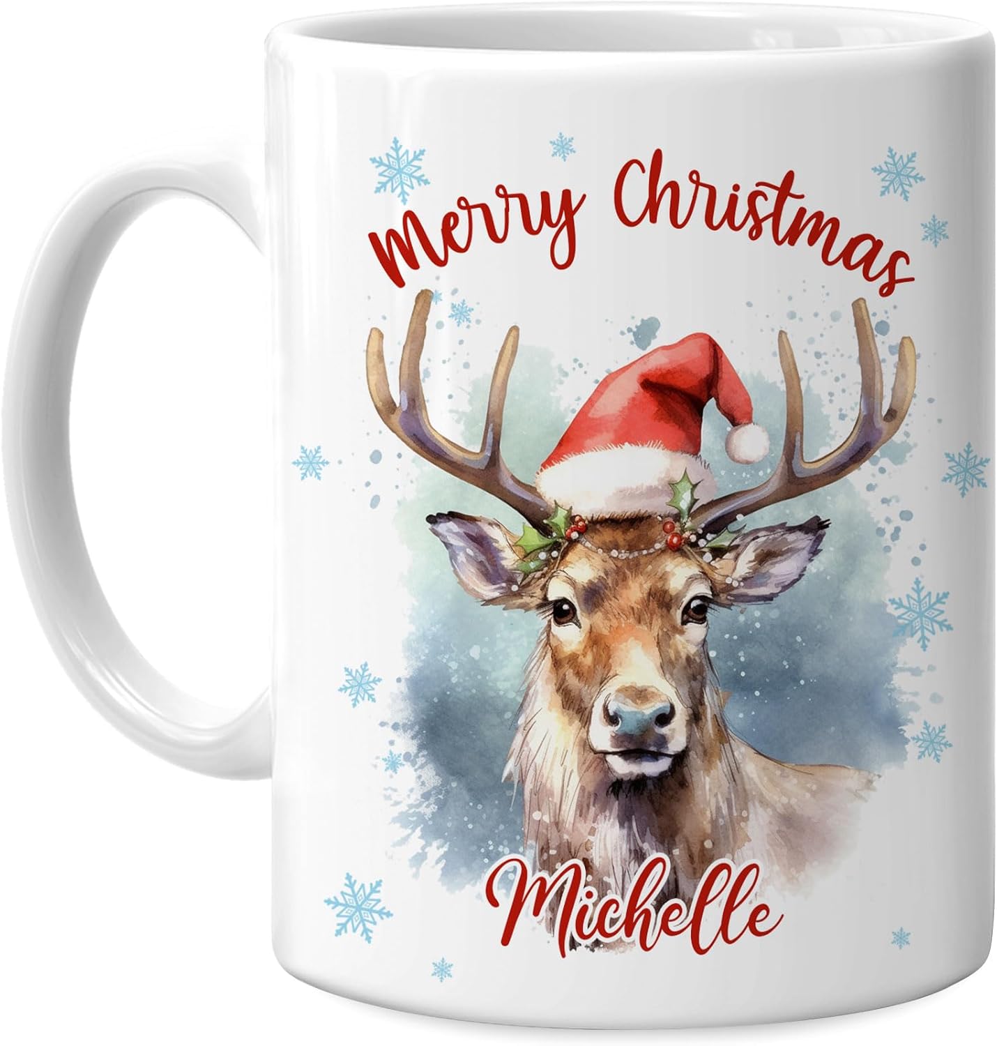 Hyturtle Personalized Gifts Reindeer Lover - Reindeer Wearing Santa Hat Custom Name Ceramic Coffee Mug Cup 11oz - Cute Animal Lovers Gifts For Women, Girl kids Family On Birthday, Christmas