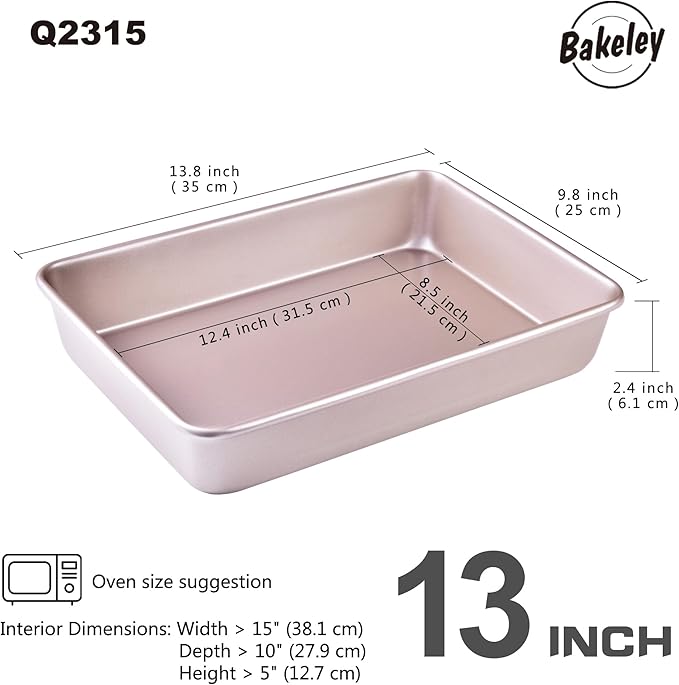 13-Inch Nonstick Rectangle Cake Pan, Deep Dish Loaf Pan for Baking, Roasting, Bread, Jelly Roll, Pizzas, Pastries 13.7" x 9.76" X 2.36"(Champagne Gold)