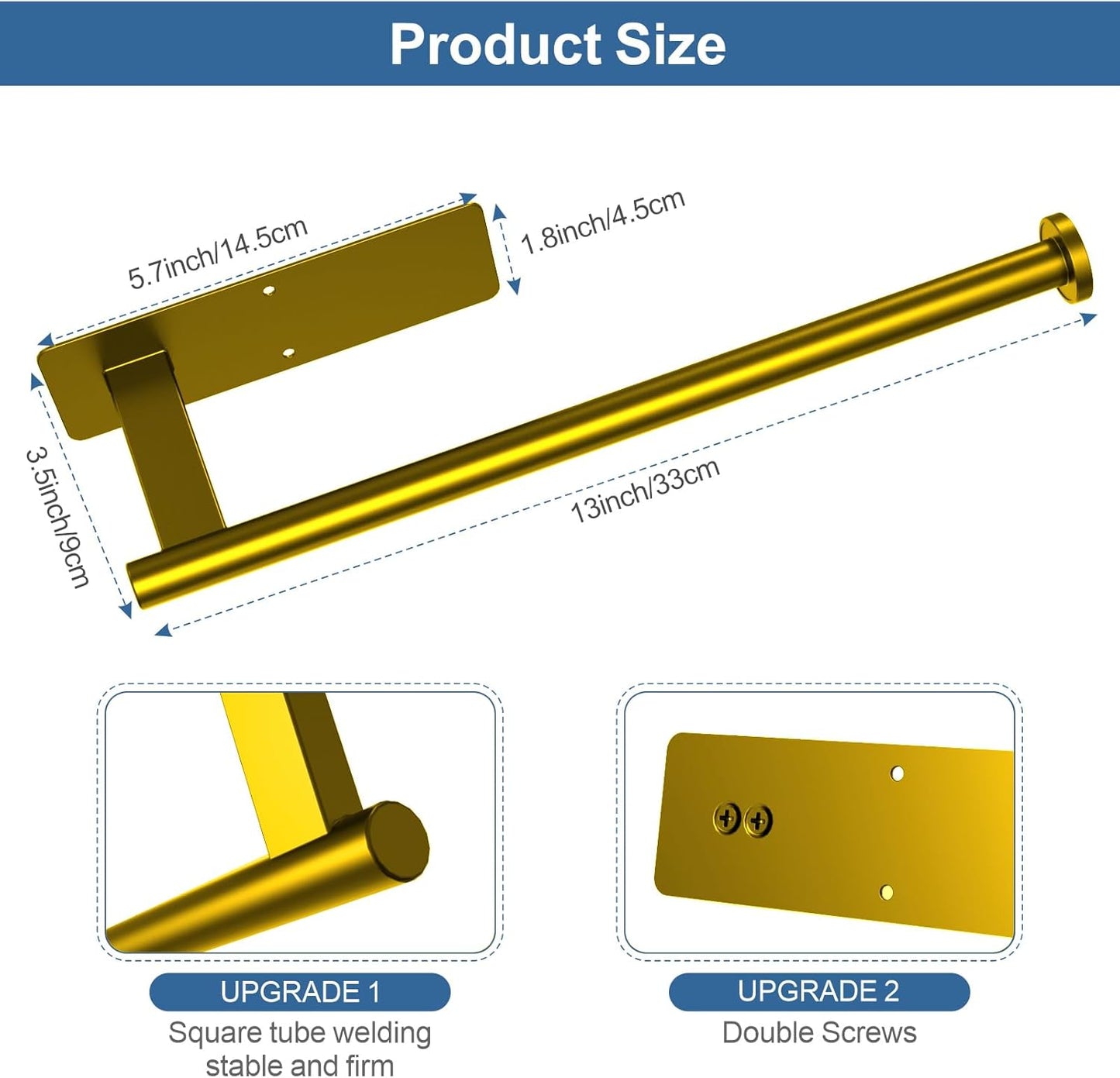 Paper Towel Holder Under Cabinet, Gold Adhesive Paper Towel Holder Wall Mount for Kitchen, Bathroom, RV, Bend-Resistant, Self-Adhesive or Drill mounting, Stainless Steel, 2 Pack