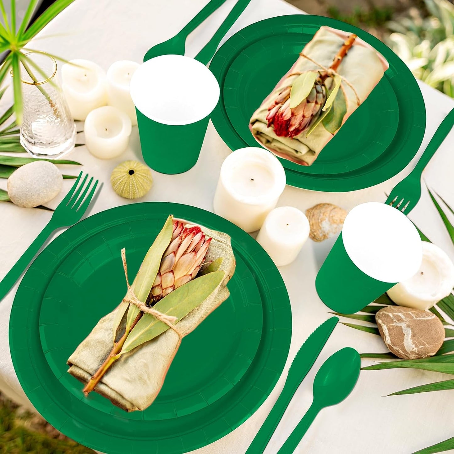 TWOWYHI 228PCS Green Party Supplies Set Include Paper Plates Cups Paper Napkins Plastic Spoons Forks Knives for 30 Guests Disposable Party Dinnerware for Birthday Wedding Family Picnic