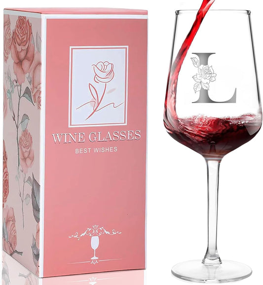 Personalized Wine Glass Gifts for Women, Monogrammed A-Z Wine Glass with Gift Box & Greeting Card, Customized Wine Glasses Initial Wine Glasses Gift for Birthday, Mothers Day, Best Friend, Sister (L)