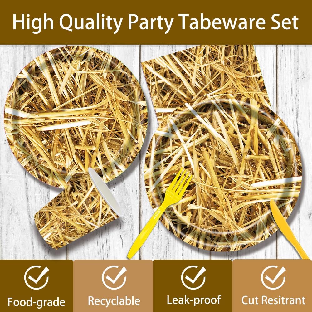140 Pcs Straw Party Decorations Western Party Decorations Disposable Tableware Set Plates Napkins Cups Serves 20