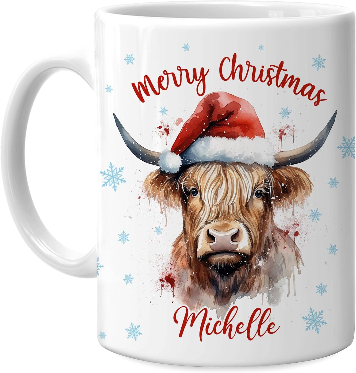 Hyturtle Personalized Gifts Highland Cow Lover - Highland Cow Wearing Santa Hat Custom Name Ceramic Coffee Mug Cup 11oz - Cute Animal Lovers Gifts For Women, Girl kids Family On Birthday, Christmas