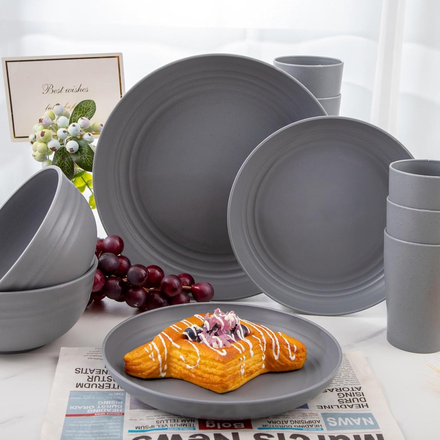 Supernal 32pcs Wheat Straw Dinnerware Sets,Unbreakable Dinnerware Sets for 8,Reusable Tableware,Dishes Set for 8,Plates and Bowls Set Dark Grey Include16pcs Plates, 8pcs Bowls, 8pcs Cups