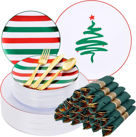 WONDERFUL 180 Pcs Plastic Christmas Plates Dinnerware Set Disposable Christmas Plates With Cutlery Include 30 Dinner Plate 30 Dessert Plate 30 Pre Rolled Napkins With Silverware For Xmas Day 30 Guests
