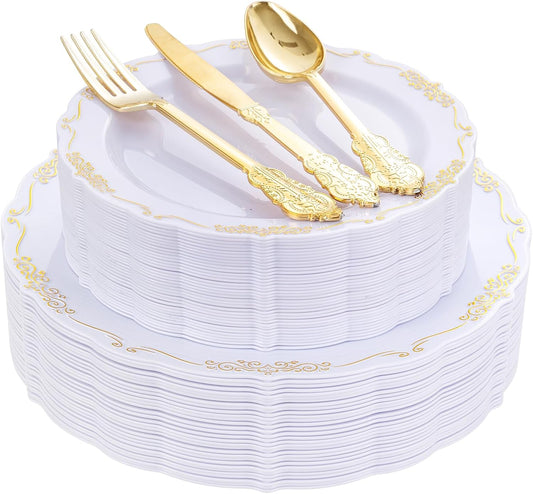 DaYammi 150Pcs White Gold Plastic Plates & Plastic Silverware, Gold Disposable Plates for Party Include 30 Dinner Plate, 30 Dessert Plate, 30 Knives, 30 Forks, 30 Spoons for Thanksgiving Party Holiday
