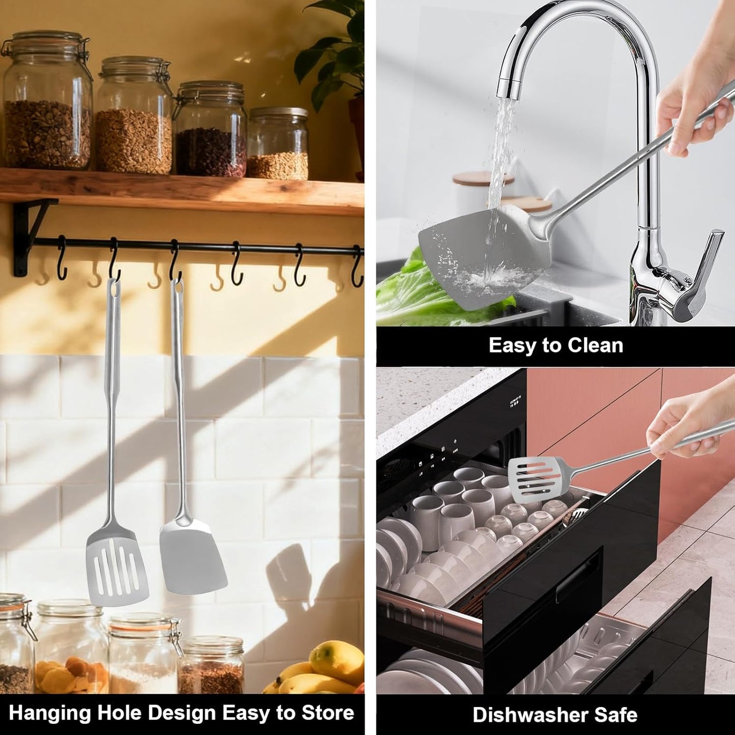 2 Pcs stainless steel spatula set,Heat Resistant metal spatula for cooking, kitchen utensils set Include Solid & Slotted Turner,Ergonomic Handle, Easy to Clean