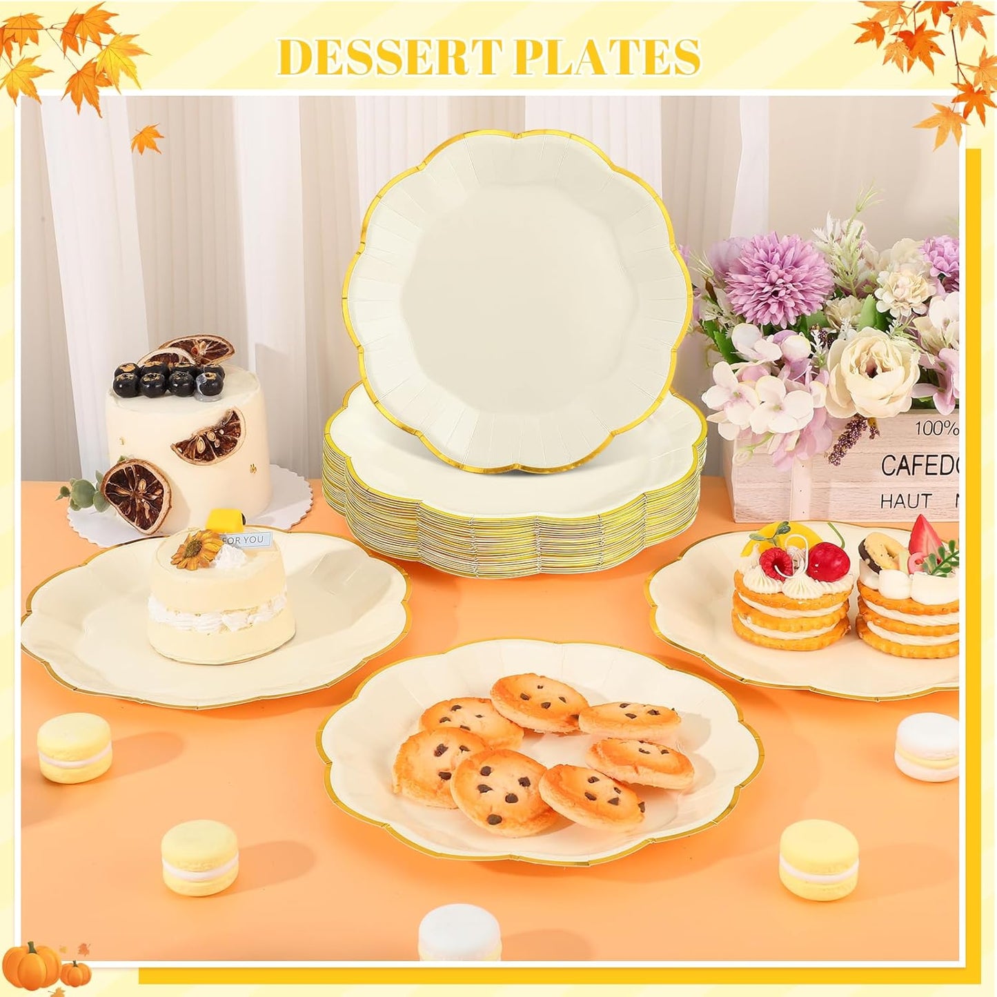 30 Pcs Thanksgiving Paper Plates, 9 Inch Ivory Paper Plate with Gold Trim Cute Beige Disposable Scalloped Plates for Friendsgiving, Baby Shower, Wedding
