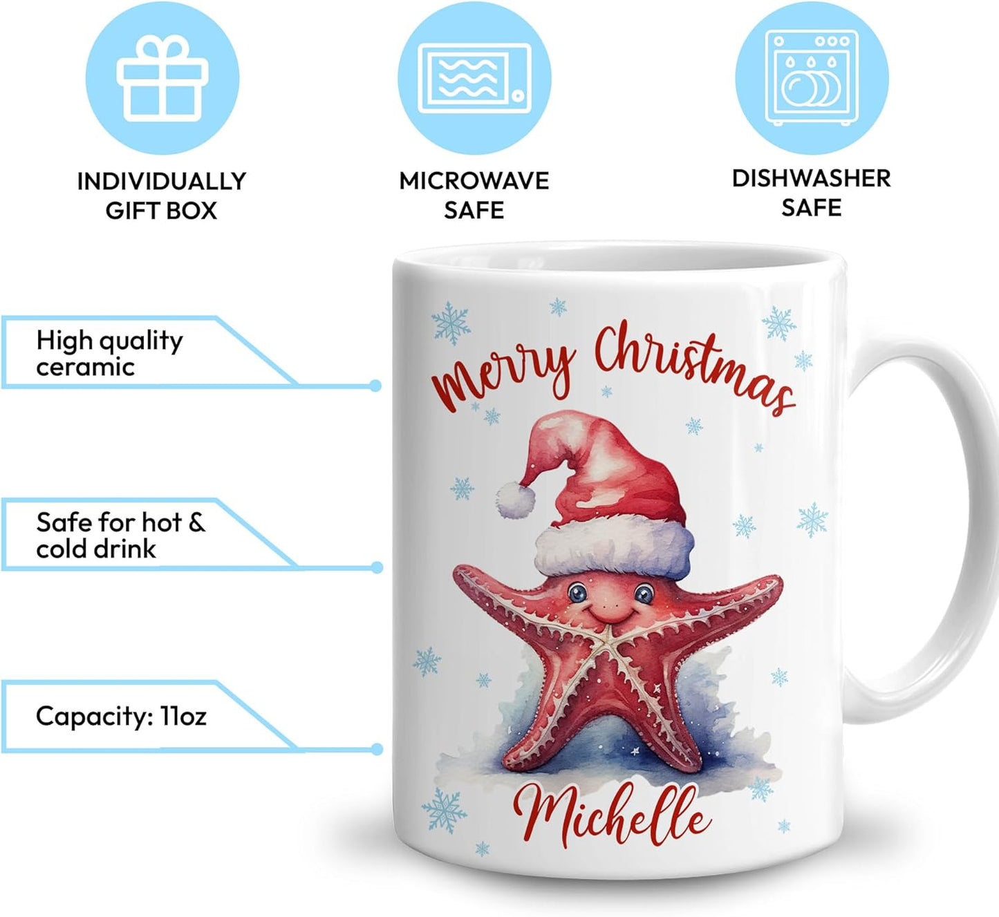 Hyturtle Personalized Gifts Starfish Lover - Merry Christmas Customized Name Ceramic Coffee Mug Cup 11oz - Cute Sea Animal Lovers Gifts For Women, Girl kids Family On Birthday, Christmas