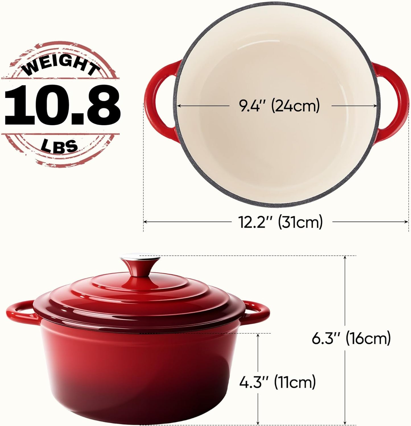 4.5 Quart Dutch Oven Pot with Lid, Non Stick Enameled Cast Iron Dutch Oven for Bread Baking,Heavy-Duty, Oven Safe Ceramic Cookware Up to 500°F for Baking, Braising, Stews, Roasting, Red