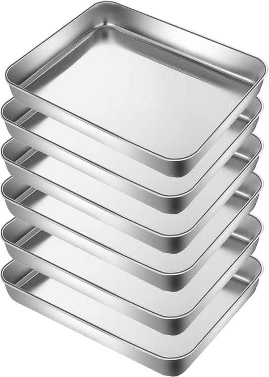 Small Cookie Baking Sheet Pans Stainless Steel 304 Tiny Serving Tray 12.4 x9.6 x1.1Inch (Diagonal 14.8) No Rust Dishwasher Safe Bakeware 6 Pack