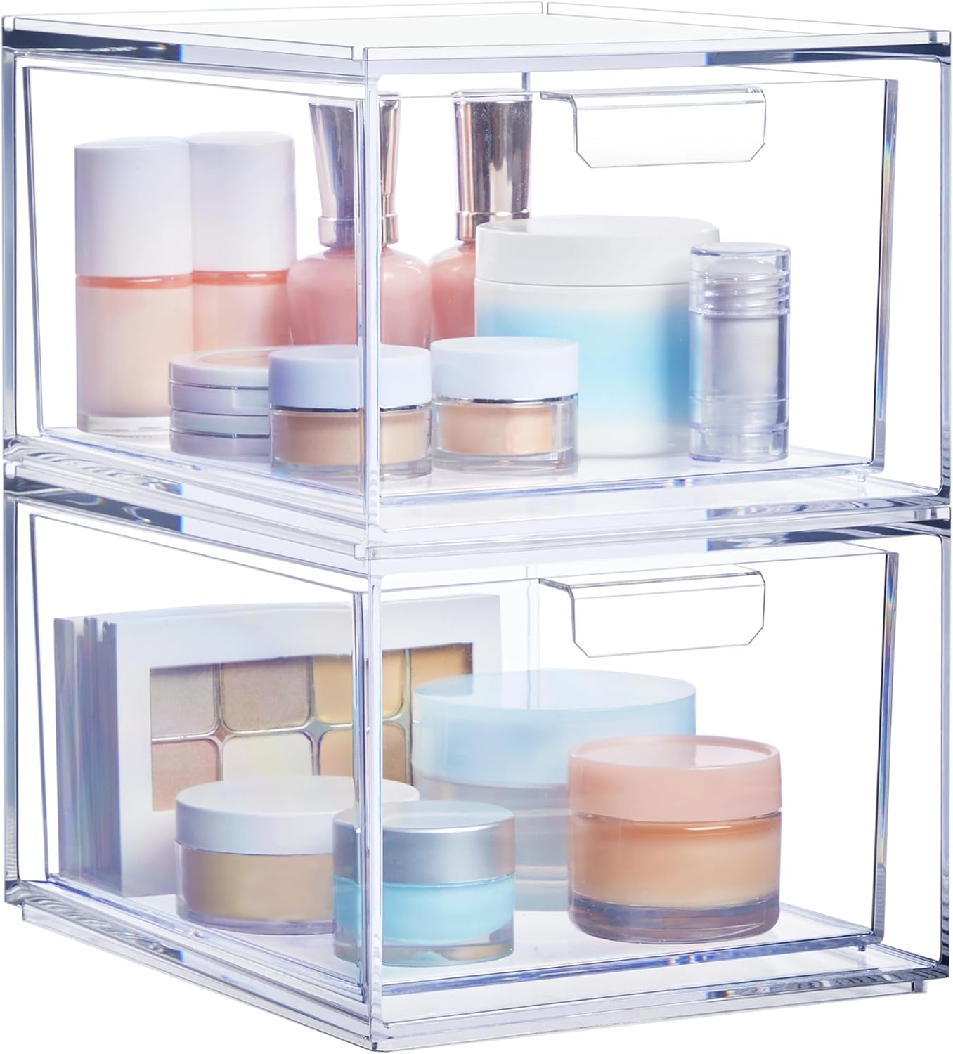 STORi Audrey Stackable Clear Bin Plastic Organizer Drawers | 2 Piece Set | Organize Cosmetics and Beauty Supplies on a Vanity | Made in USA