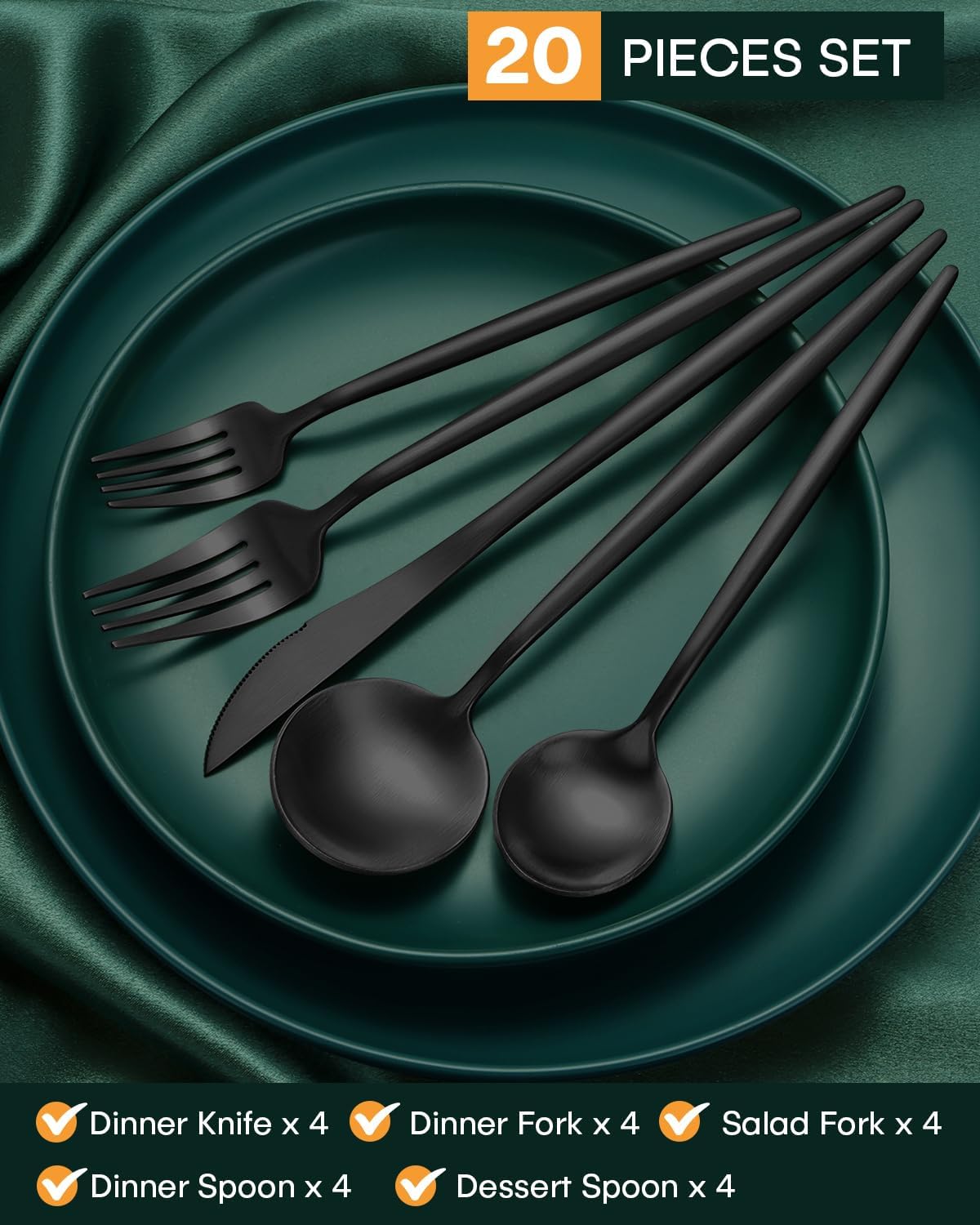 EUIRIO 20-Piece Matte Black Silverware Set, Modern Grey Flatware Set for 4, Premium Stainless Steel Cutlery Set with Forks Spoons and Knives, Heavy Duty Utensil Sets, Dishwasher Safe